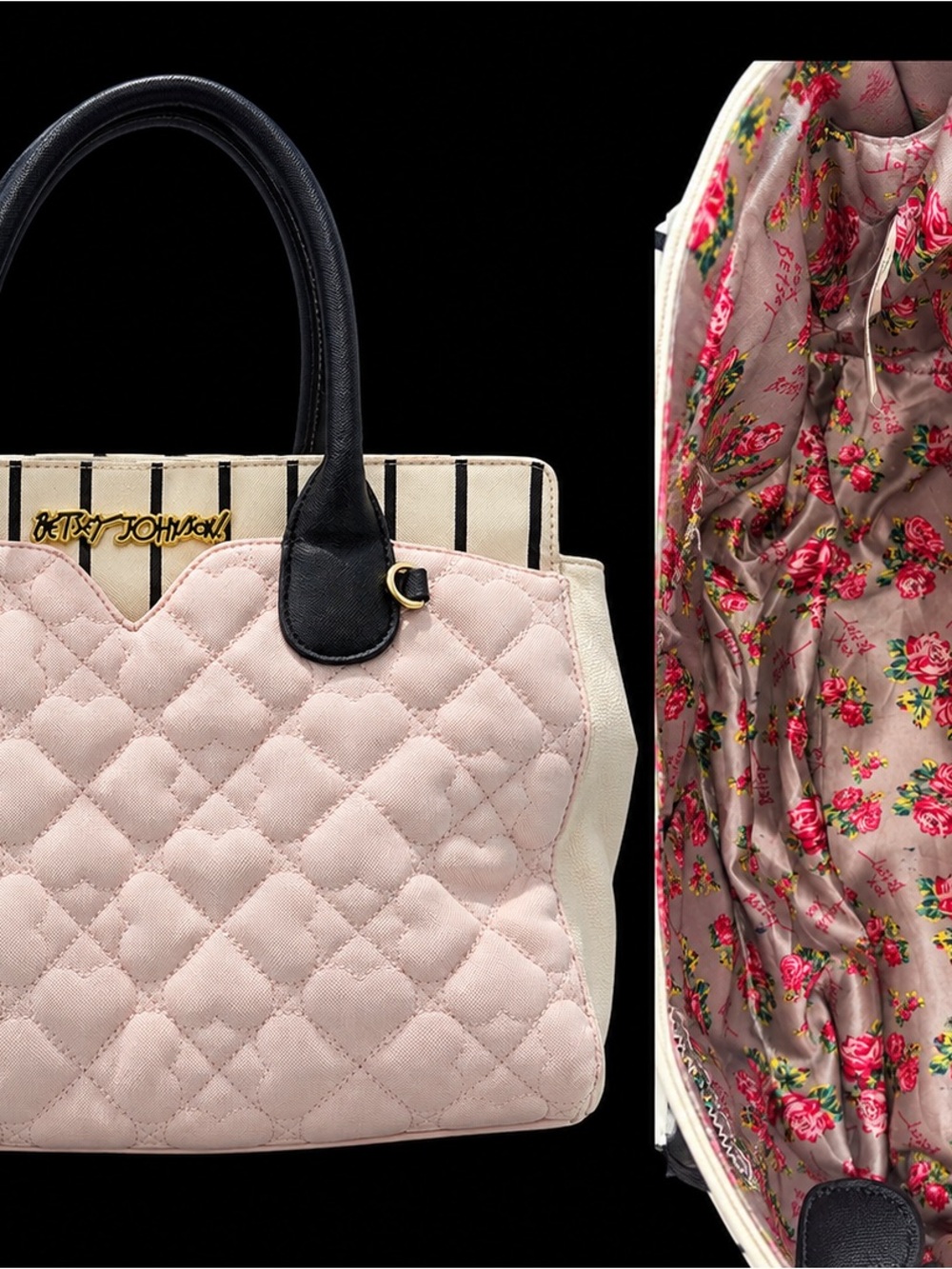 Betsey Johnson Blush Quilted Tote with Black Handles & Floral Lining